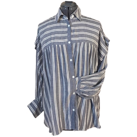 Harshman Randall Grey White Twin Striped Oversized Button Down Blouse Size Small - Picture 2 of 15